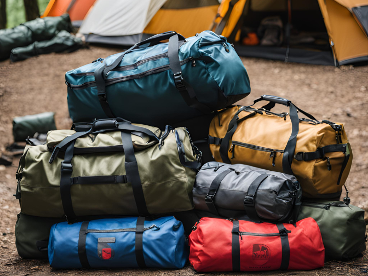 stack of duffle bags at campsite