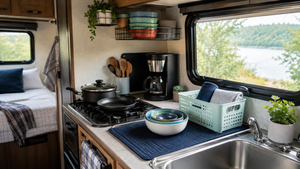 Small RV kitchen showing affordable RV accessories and budget RV gear including a compact pot, frying pan, nesting bowls, dish drying mat, storage bins, and a simple coffee maker