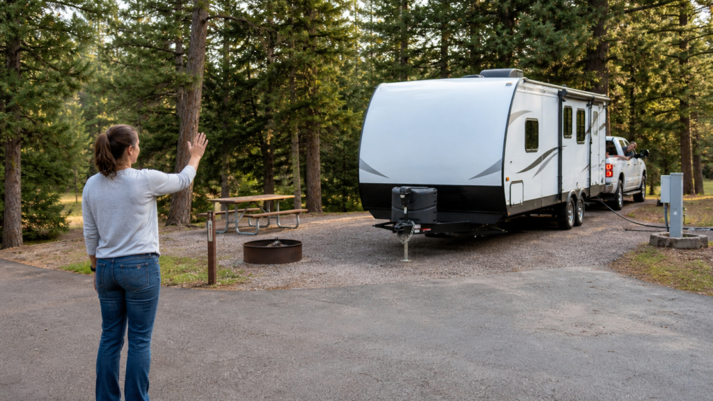 Beginner RV camper guiding a travel trailer into a campground site while the driver backs in carefully