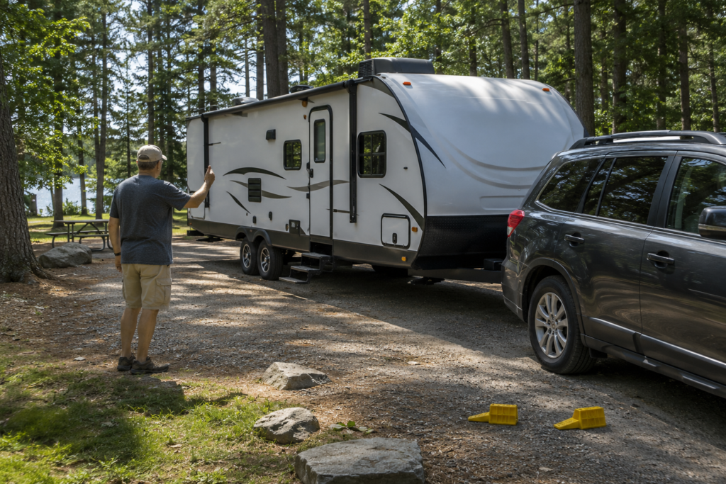 Spotter guiding a tow vehicle and travel trailer into a wooded campground campsite with wheel chocks nearby