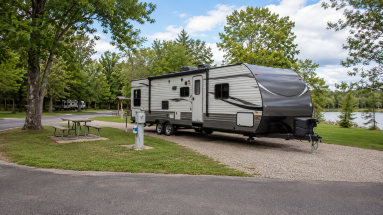 Beginner-friendly RV campground with a travel trailer parked on a level pull-through site beside a picnic table and utility pedestal in natural daylight