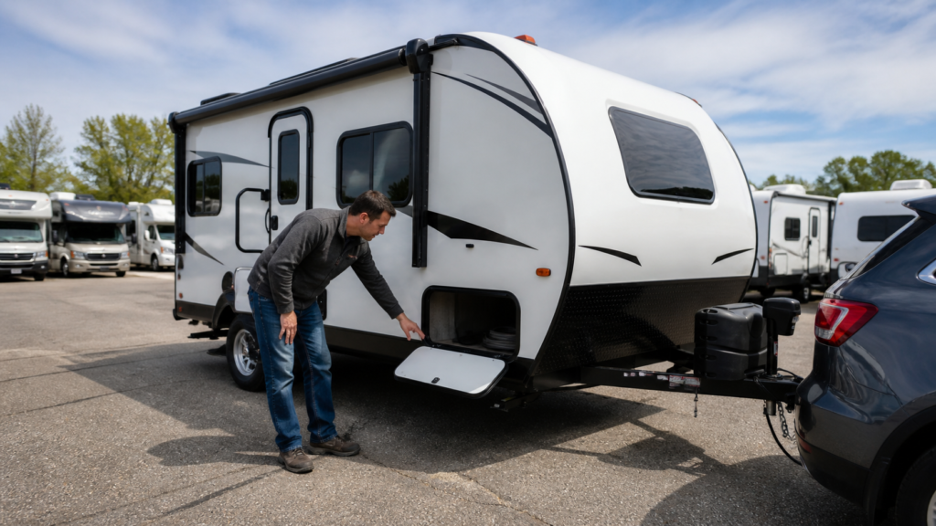 Beginner RV buyer inspecting a small travel trailer, checking exterior storage, size, and practical usability with a vehicle nearby