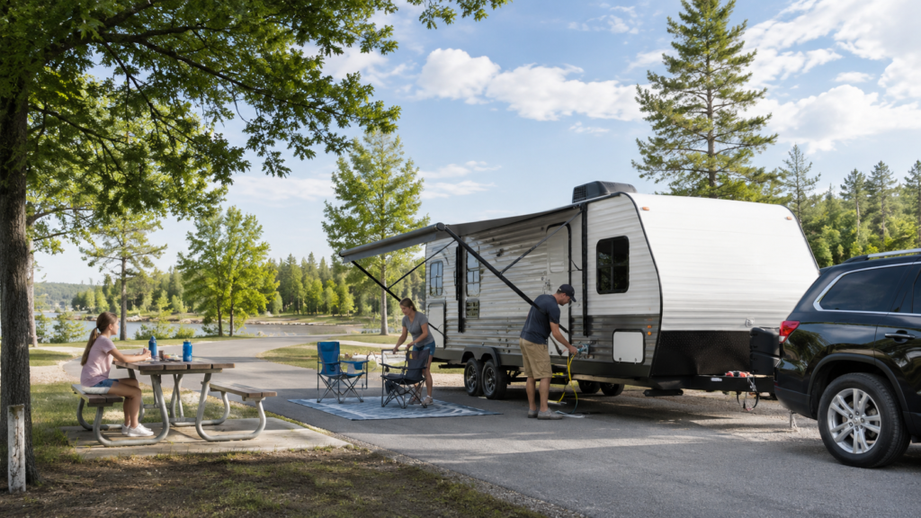Beginner RV camping scene at an easy-to-navigate campground with a midsize travel trailer on a level pull-through site and first-time campers setting up in natural daylight