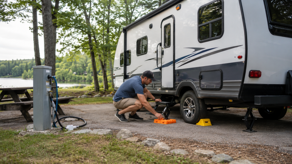 Beginner RV camper leveling a travel trailer at a campground campsite pad with wheel chocks in place and a utility pedestal nearby