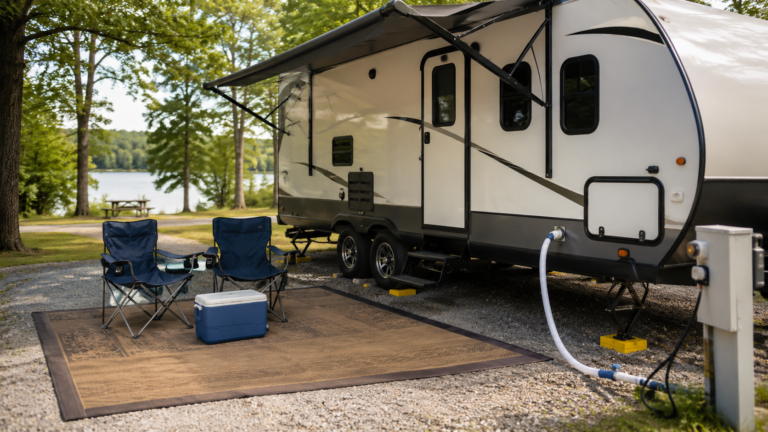 Beginner-friendly RV campsite setup beside a travel trailer with leveling blocks, wheel chocks, a potable water hose, power cord, camp chairs, and a small cooler