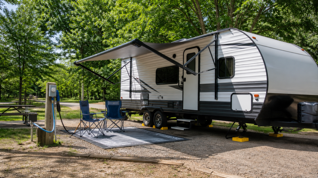 Beginner-friendly RV campsite setup in progress with a travel trailer parked and leveled on a campsite pad, hookups nearby, leveling blocks visible, and the awning partially extended.