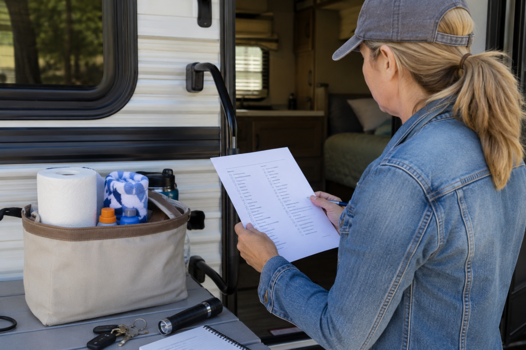 Beginner RV camper checking a printed packing and departure checklist beside an RV door with keys, a flashlight, reservation notes, and a tote of essentials nearby