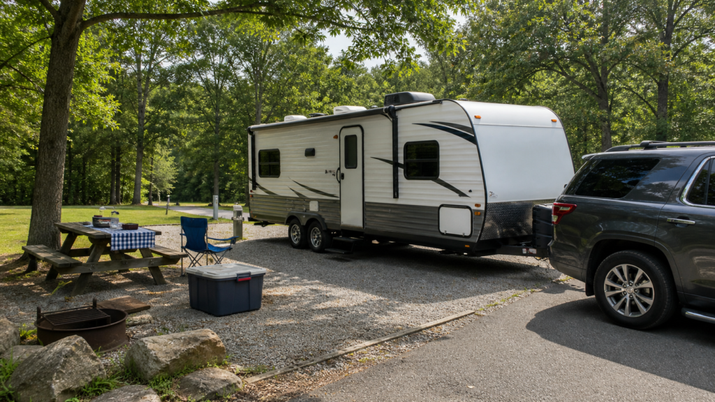 Travel trailer arriving at a simple campground site with beginner-friendly setup essentials visible