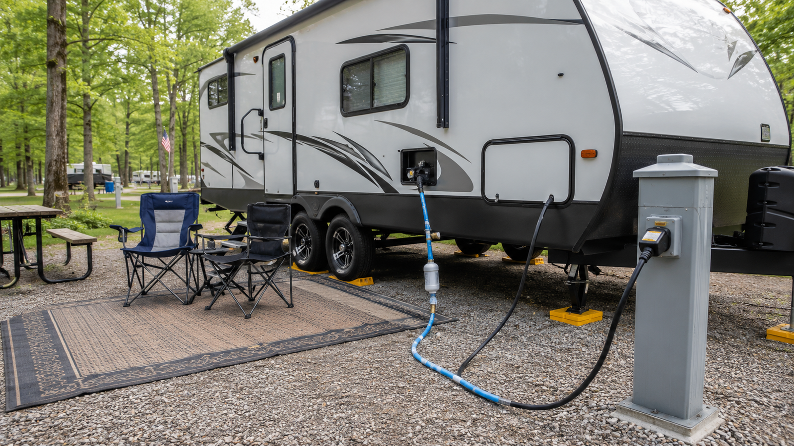 Beginner-friendly RV campsite setup at a full-hookup campground with a travel trailer, leveling blocks, freshwater hose, pressure regulator, power hookup, outdoor mat, and camp chairs