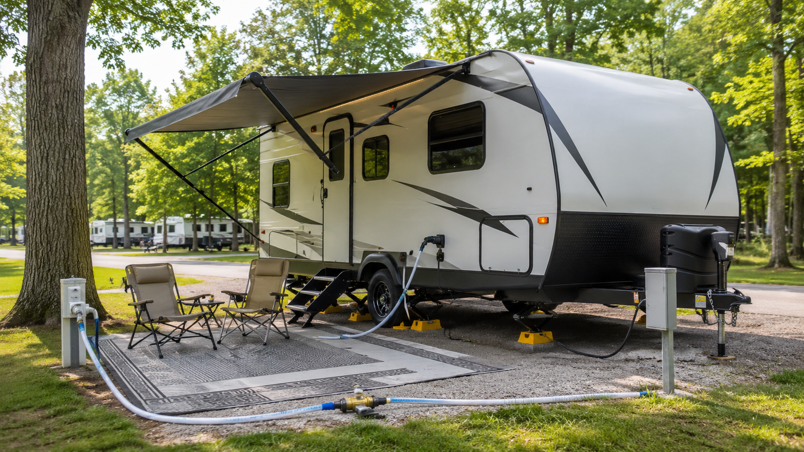 Beginner-friendly RV campsite setup with a leveled travel trailer, power cord connected, drinking-water-safe hose attached, and simple outdoor chairs at a full-hookup campground