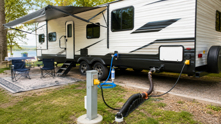 Beginner-friendly RV campsite setup at a full-hookup site with a water hose, sewer hose support, and shore power cord connected neatly to a travel trailer