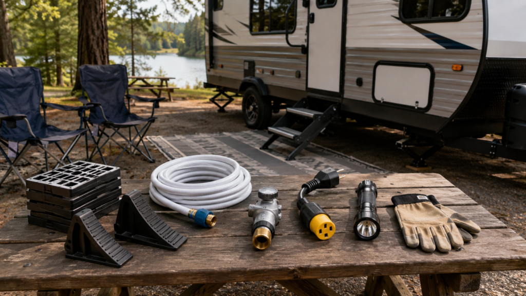 Beginner RV camping gear organized on an outdoor picnic table beside a travel trailer, including leveling blocks, wheel chocks, a potable water hose, pressure regulator, power adapter, flashlight, gloves, and camp chairs