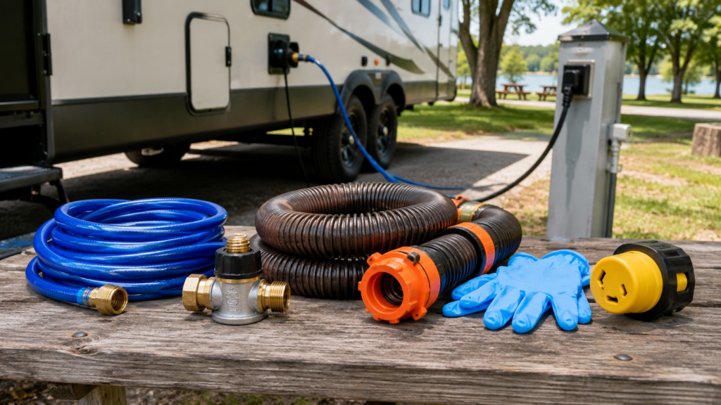 Beginner RV hookup essentials laid out at a campsite, including a drinking water hose, water pressure regulator, sewer hose, disposable gloves, and electrical adapter