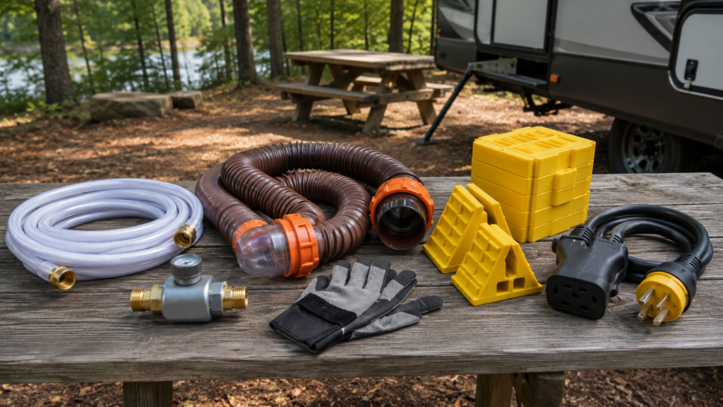 Beginner RV hookup gear arranged on a campsite picnic table, including a potable water hose, pressure regulator, sewer hose kit, gloves, wheel chocks, leveling blocks, and power adapter