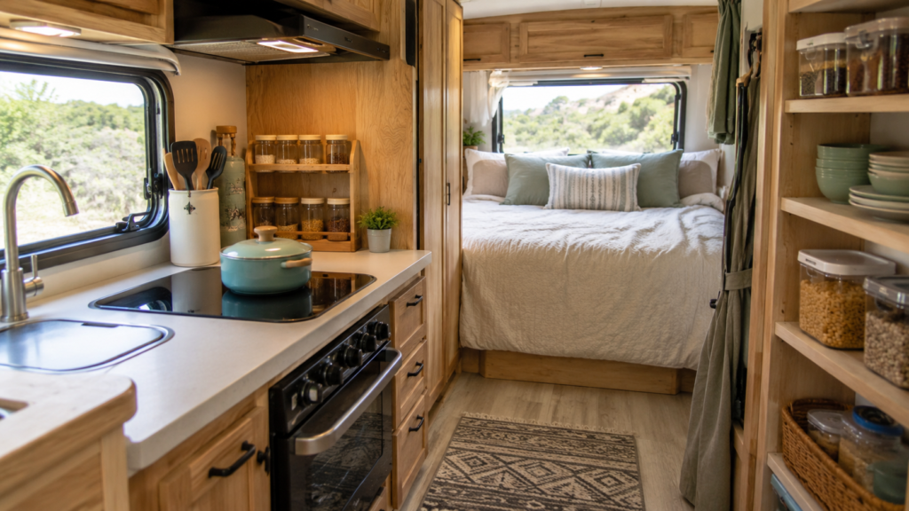 Simple organized RV interior with a compact kitchen, neatly made bed, cookware, dishes, and food containers in a beginner-friendly setup