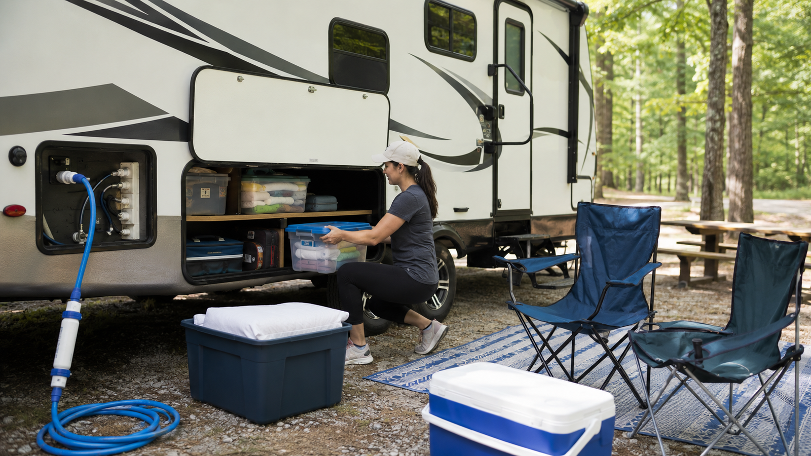 Beginner RV camper packing organized bins and essentials beside a travel trailer at a campground before a first trip