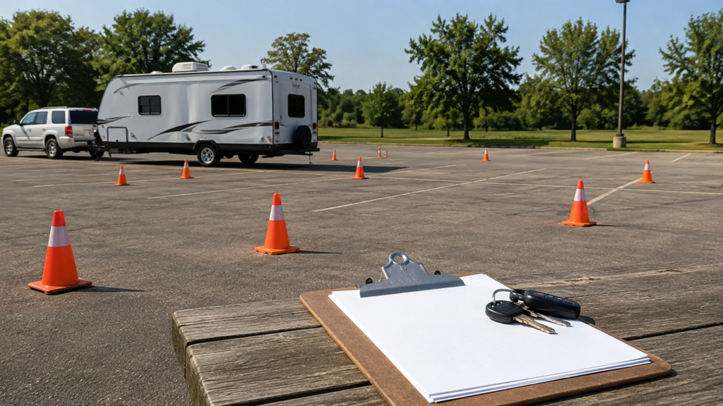 Beginner RV practice setup in an empty parking lot with traffic cones, a clipboard, keys, and a travel trailer in the background.