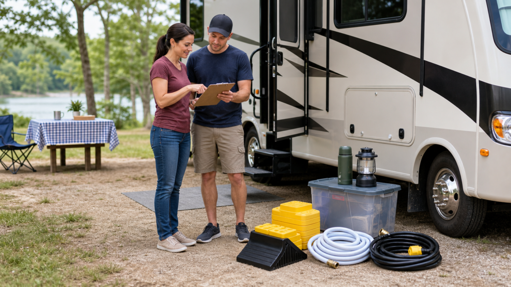 Beginner RV owners reviewing a setup checklist beside an RV with basic camping and hookup gear