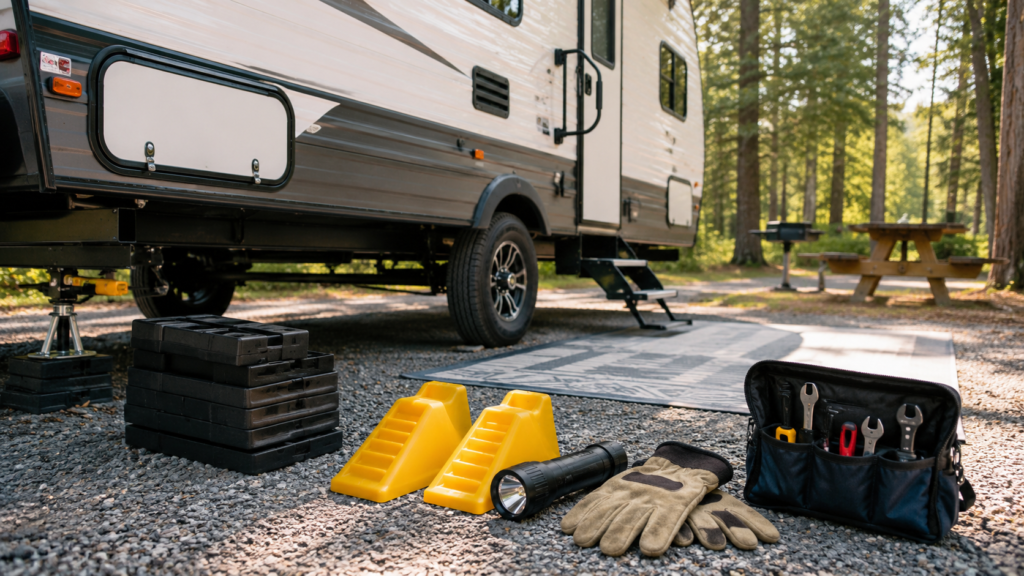 Beginner RV setup gear laid out beside a travel trailer at a campsite, including leveling blocks, wheel chocks, a flashlight, gloves, and a small toolkit