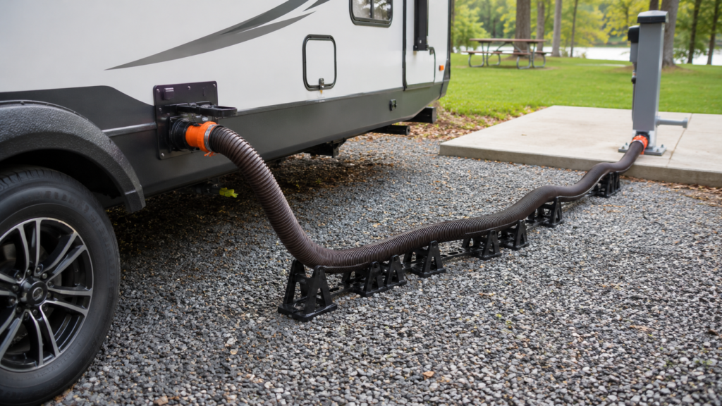 Beginner RV sewer setup at a campground dump connection with a sewer hose securely attached and supported underneath in a clean, tidy layout