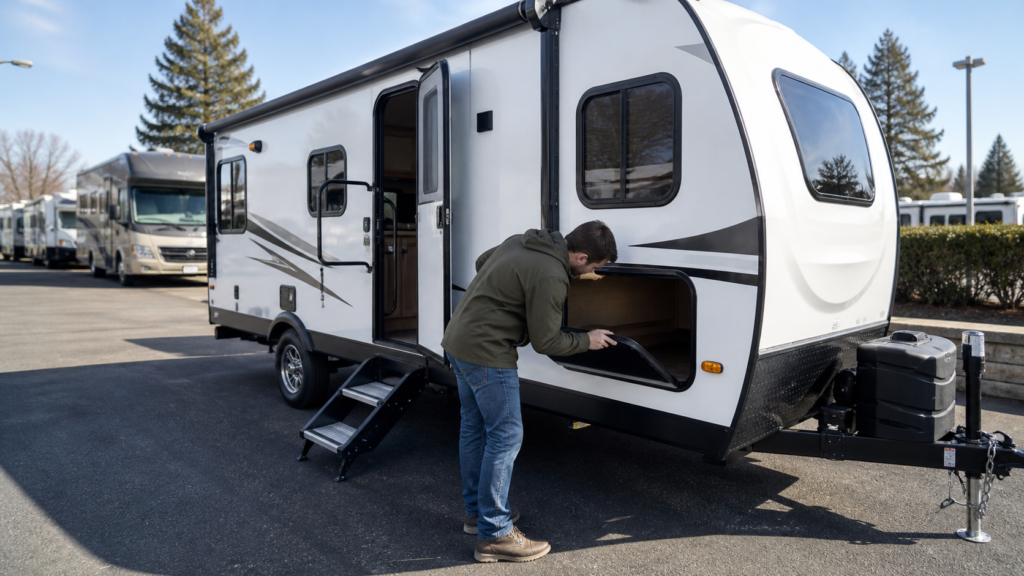 Beginner RV shopper inspecting a compact beginner-friendly travel trailer, checking storage access, entry steps, and overall usability