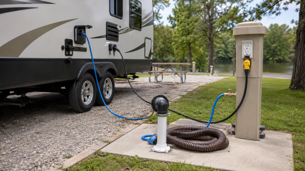 Beginner-friendly RV utility connections at a campsite showing a fresh water hose, power cord, and sewer connection area neatly arranged beside the RV