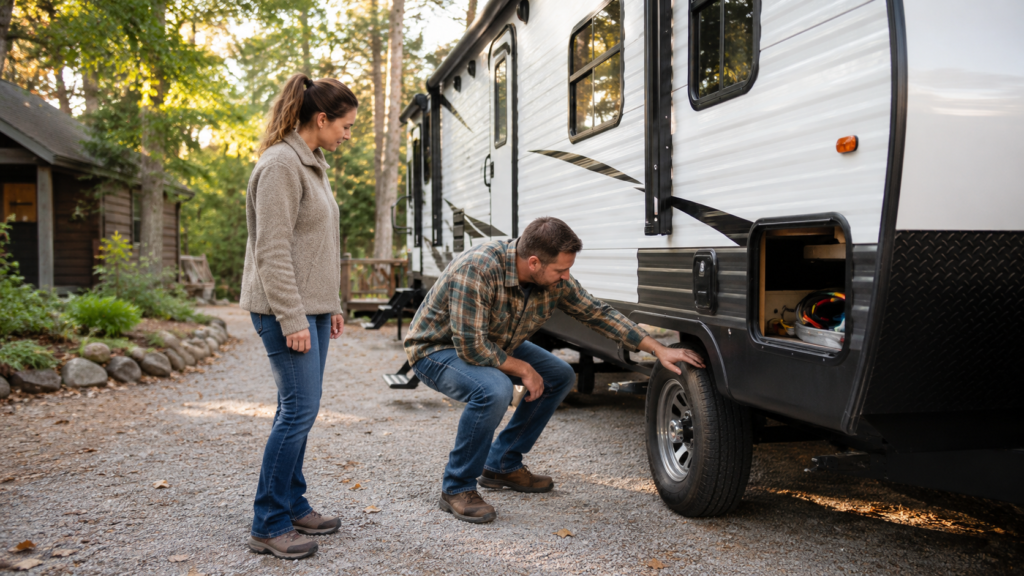First-time RV campers inspecting a travel trailer tire and exterior storage compartment during a calm pre-trip walk-around.