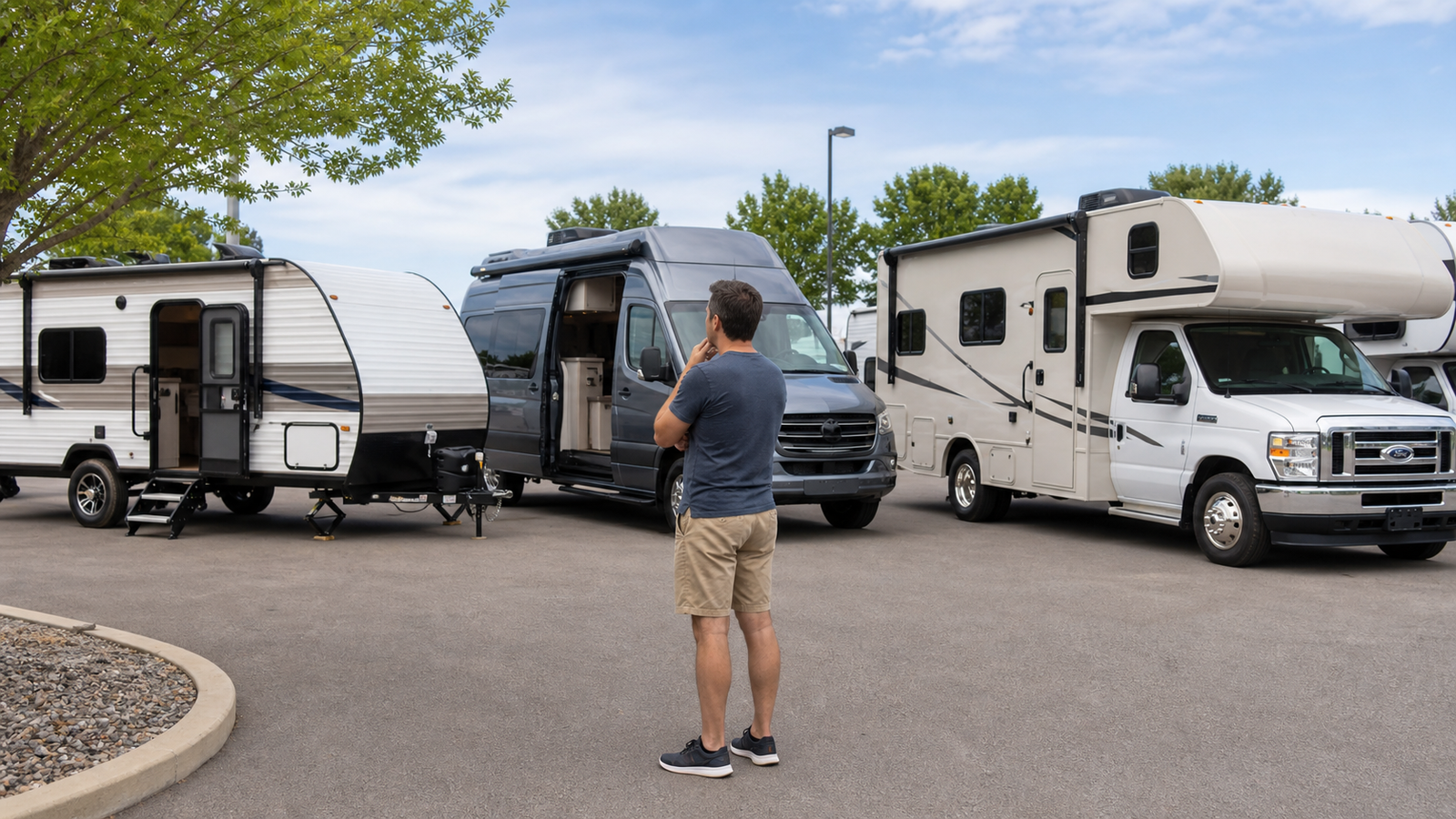 Beginner RV buyer comparing a small travel trailer, Class B camper van, and compact Class C motorhome in a clean RV display area