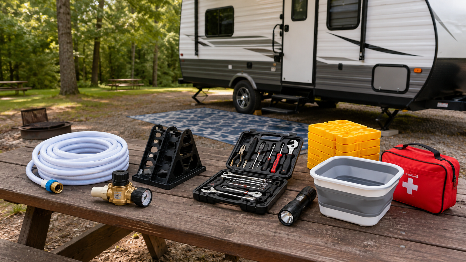 Beginner-friendly cheap RV essentials arranged on a campsite picnic table beside a small travel trailer, including a drinking water hose, pressure regulator, sewer hose support, tool kit, flashlight, leveling blocks, collapsible dish tub, and first-aid kit