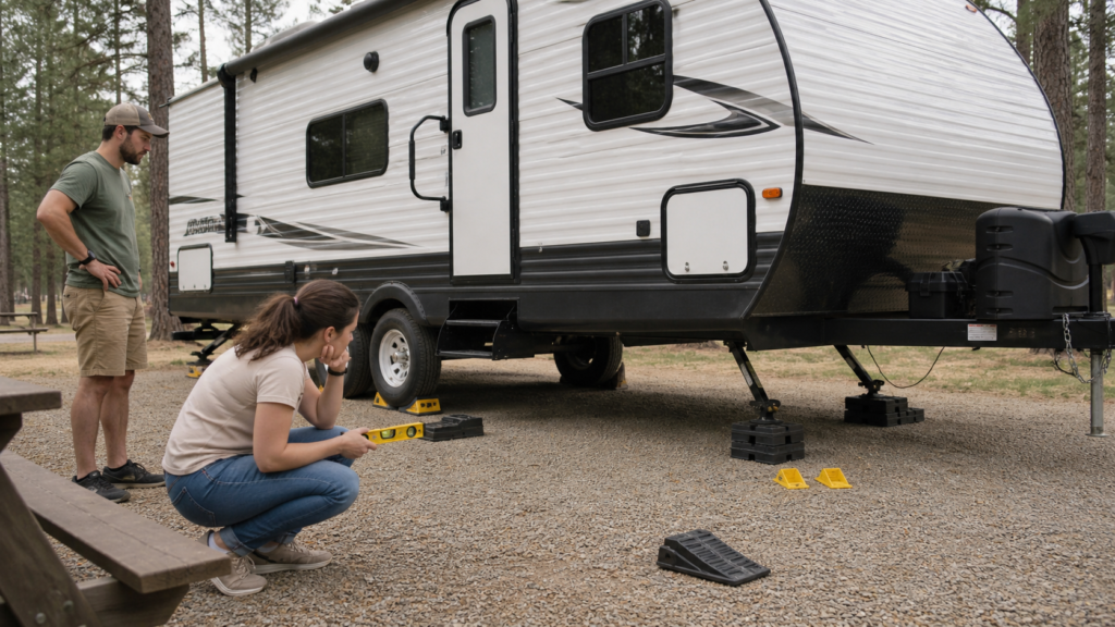 Beginner RV campers noticing leveling mistakes beside a slightly uneven travel trailer at a campsite