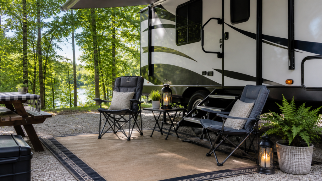 Cozy RV campsite outdoor living area beside a travel trailer with an outdoor mat, folding camp chairs, a small table, soft lantern lighting, and a tidy beginner-friendly setup.