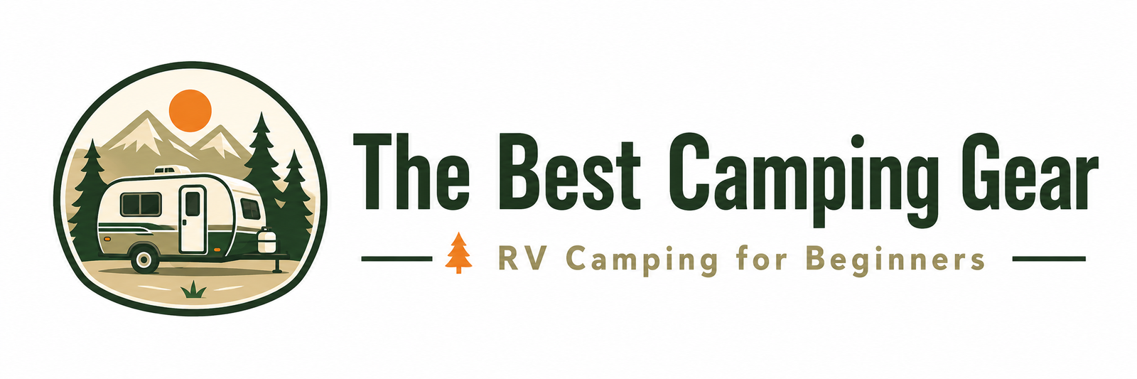 The Best Camping Gear logo with a travel trailer, mountains, trees, and the tagline RV Camping for Beginners