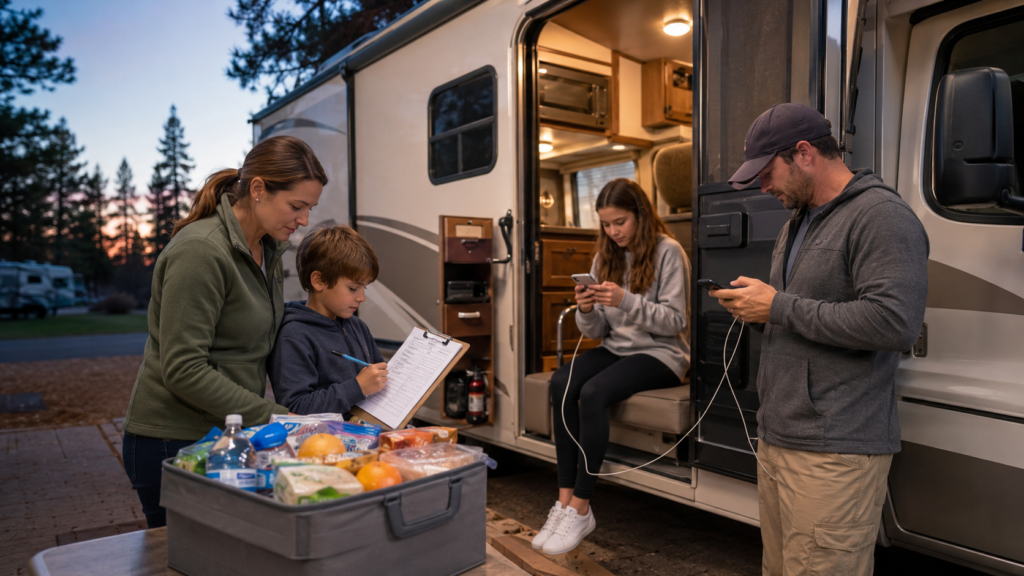 Beginner RV family doing final trip prep at dusk with a checklist, packed food tote, and phones charging beside an open RV