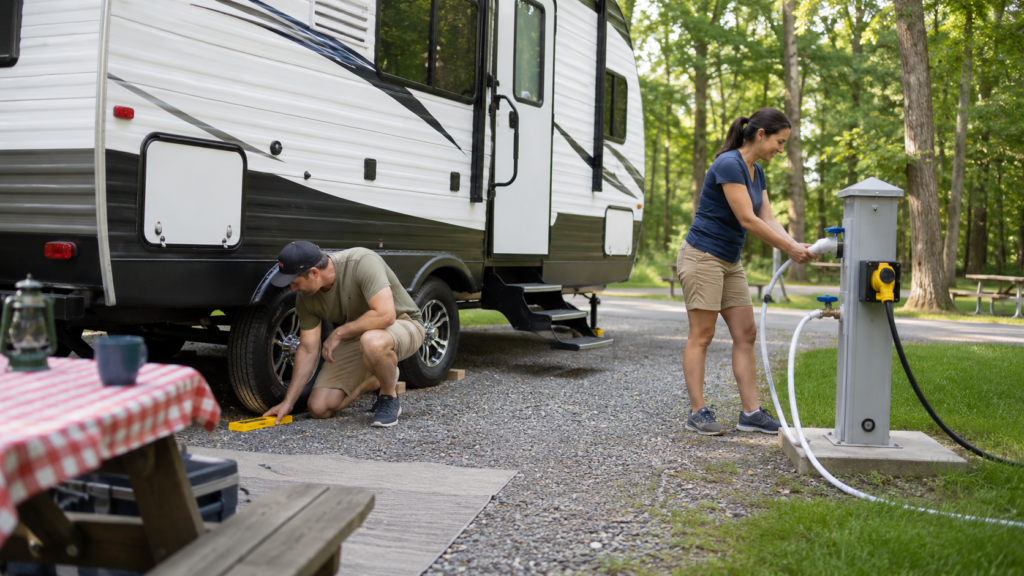 First-time RV campers setting up a towable RV at a campground, with one person checking level near the tires and another connecting a potable water hose and shore power at the campsite pedestal