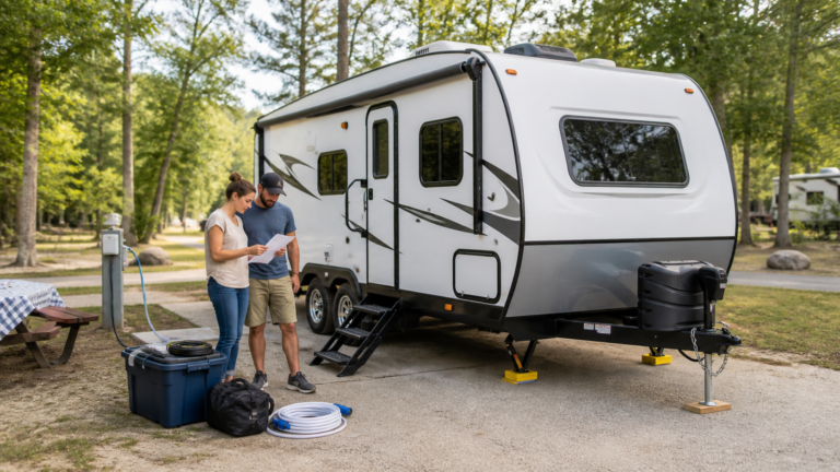 Beginner RV campers setting up at a campground and checking their campsite before a first trip