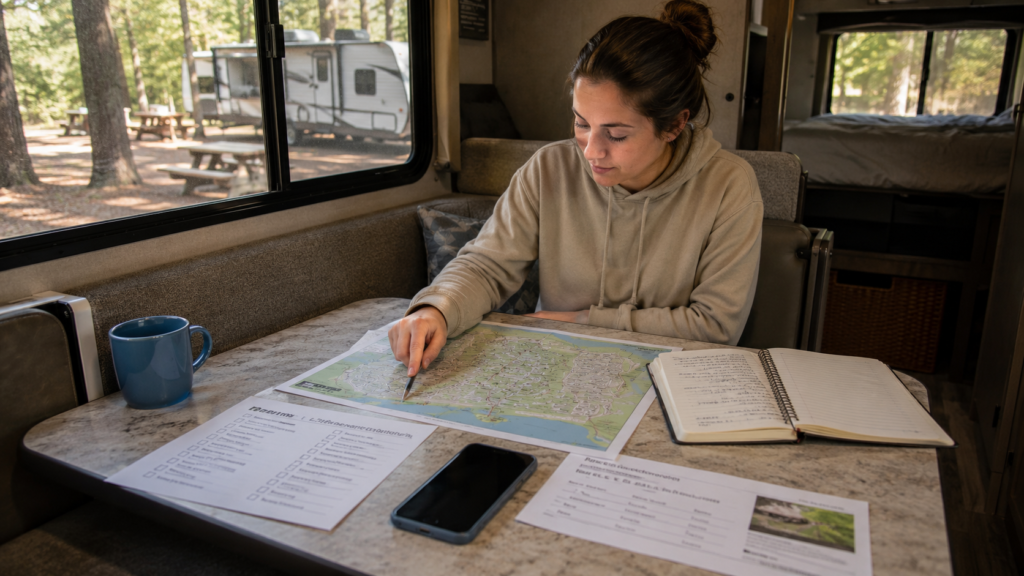 First-time RV camper planning a simple weekend trip inside an RV dinette with a campground map, printed checklist, phone, notebook, and reservation details on the table
