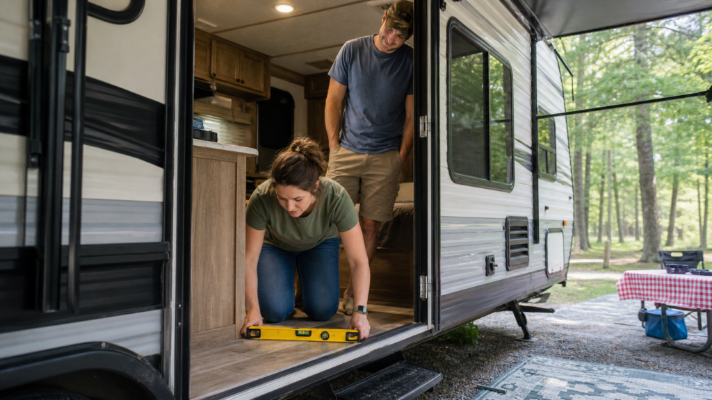 Beginner RV camper checking level inside a travel trailer with a bubble level on the floor