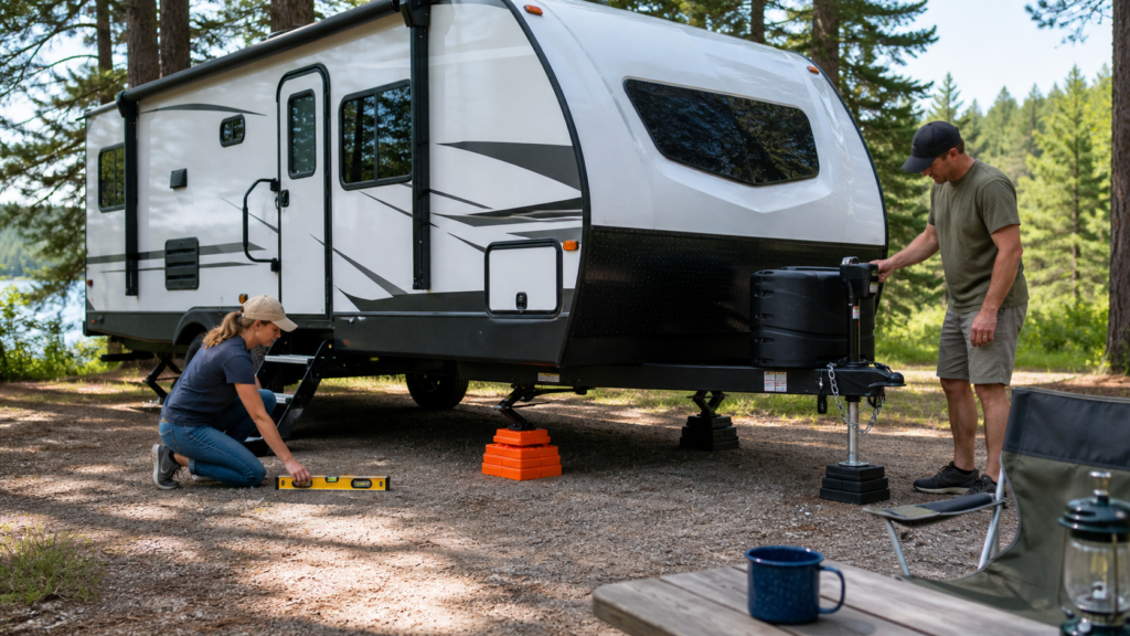 Beginner RV campers leveling a travel trailer at a campsite using leveling blocks, wheel chocks, and a tongue jack