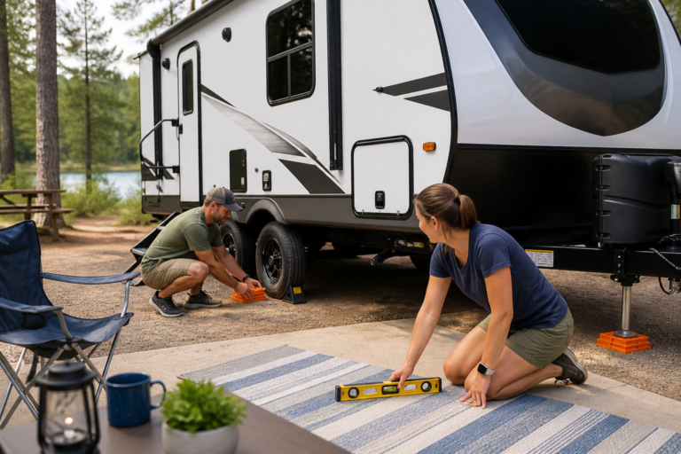 Beginner RV campers leveling a travel trailer at a campsite using leveling blocks and a bubble level