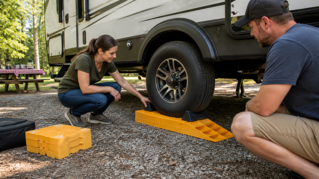 Beginner RV campers using leveling blocks safely under a travel trailer tire at a campsite