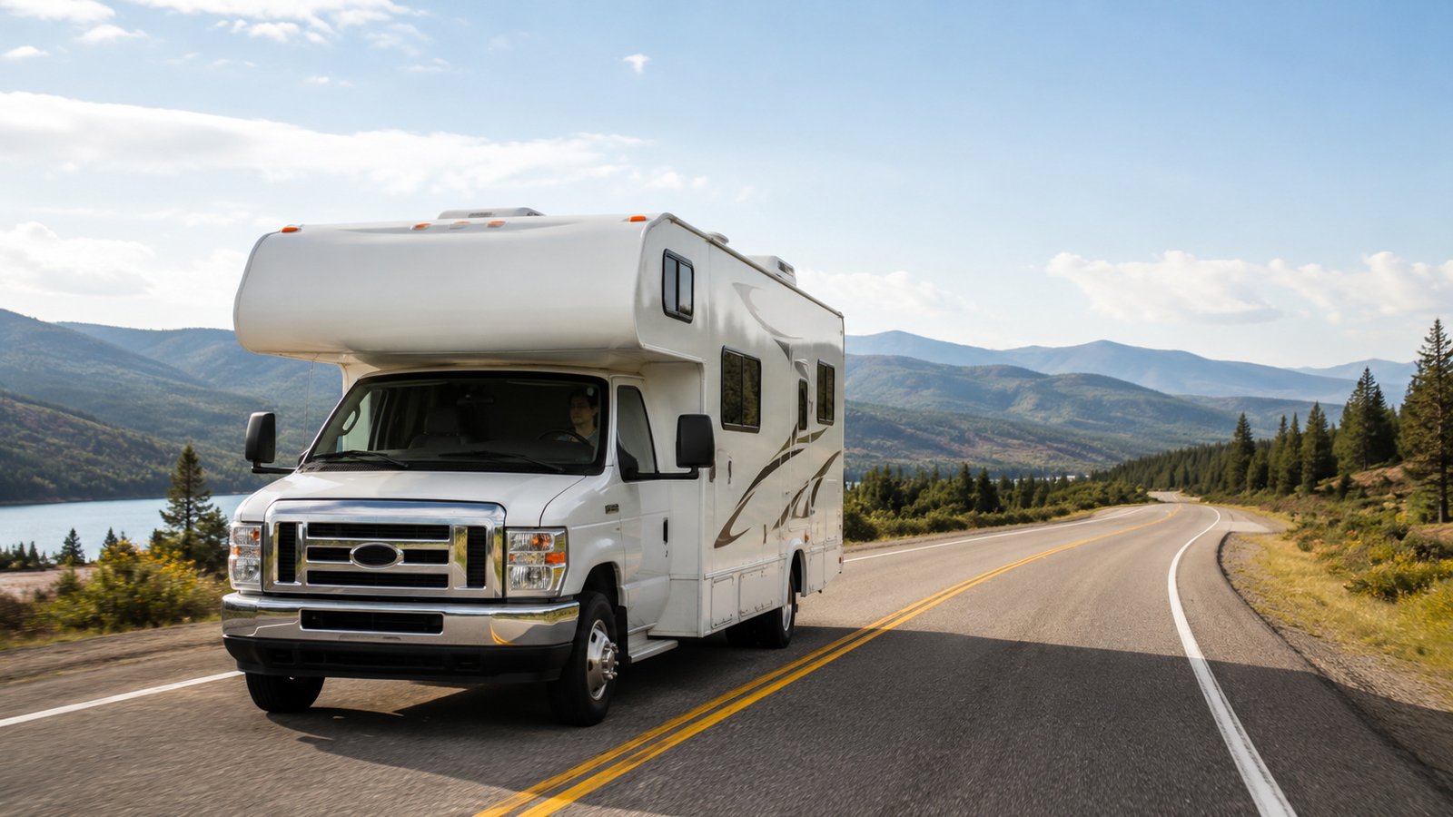 Beginner RV driver calmly driving a Class C motorhome on a wide scenic road with mountains in the background