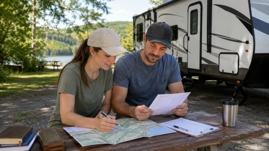 New RV camper reviewing a campground map, reservation details, and a simple checklist at an outdoor picnic table beside an RV in natural daylight