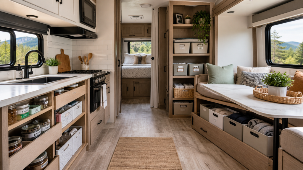 Clean and organized RV interior with a compact kitchen and living area, shelf liners, labeled bins, cookware, pillows, and tidy storage in bright natural daylight.