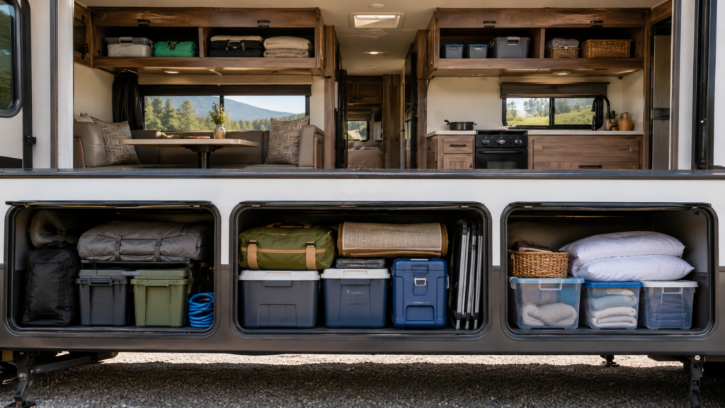 Organized RV storage with heavier gear packed in lower compartments and lighter items stored in upper cabinets for a secure travel-ready setup