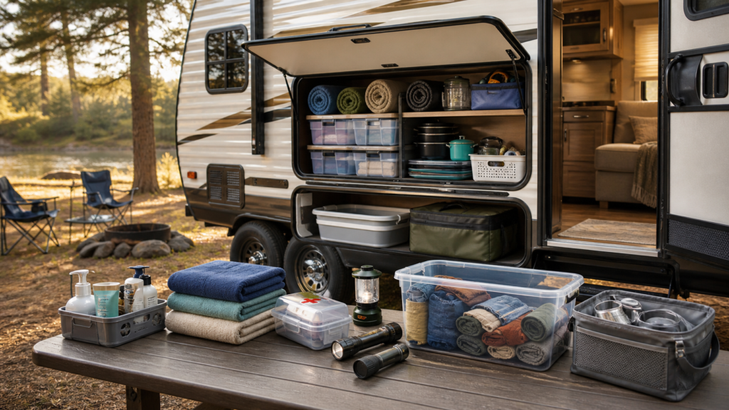 Organized RV packing setup with storage bins, towels, first aid kit, lantern, and compact essentials outside a travel trailer