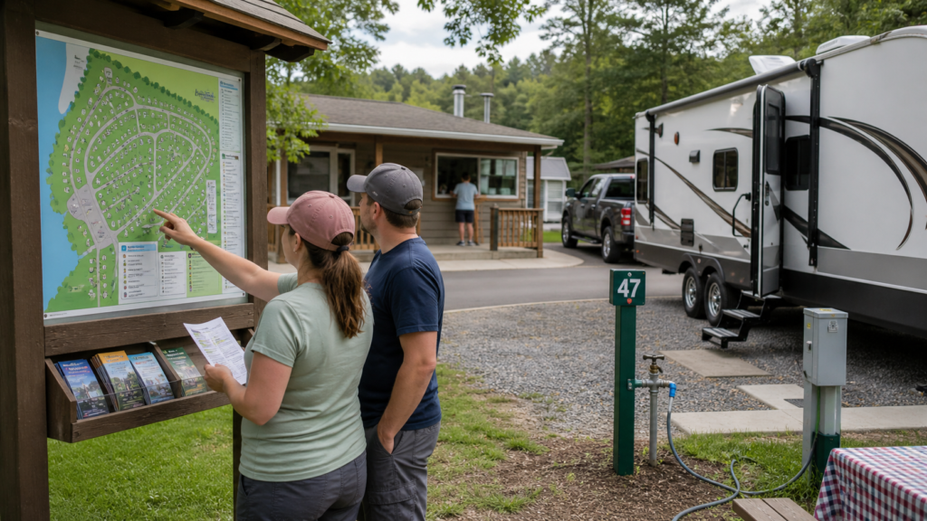 Beginner RV campers reviewing a campground map and site details beside a travel trailer at check-in