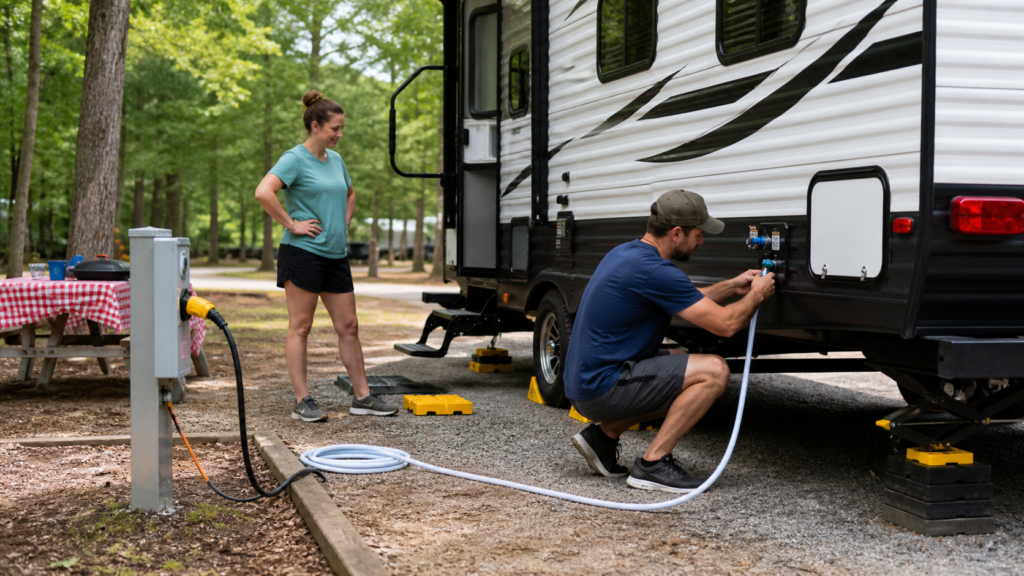 Beginner RV campers setting up a campsite with leveling blocks, hookups, and wheel chocks beside a travel trailer