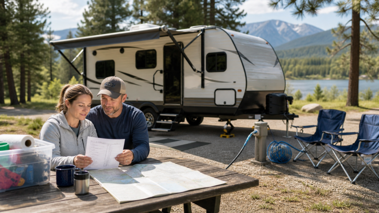 Beginner RV campers reviewing a checklist and map at a campground beside a travel trailer