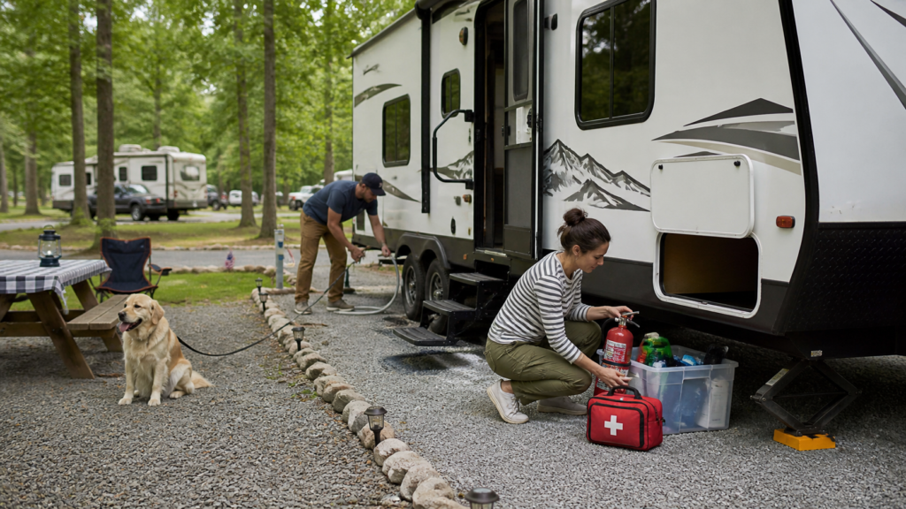 Beginner RV campers organizing a clean campsite with safety supplies and respectful campground setup beside a travel trailer