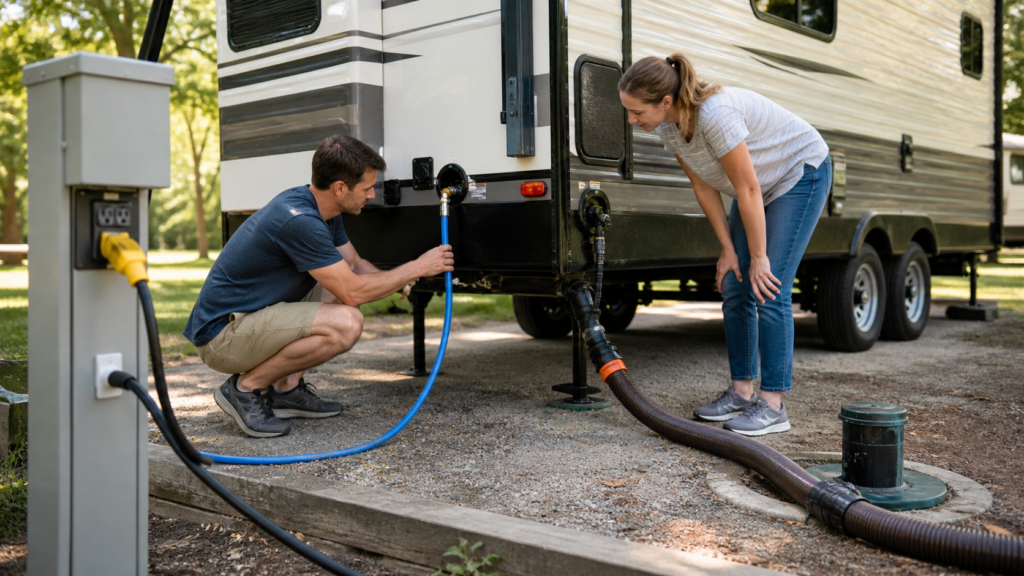 Beginner RV campers checking water, power, and sewer hookups beside a travel trailer at a campsite